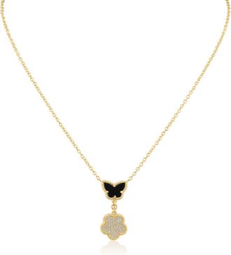 Kenneth Jay Lane CZ Pav&eacute; Butterfly & Clover Drop Pendant Necklace in Black/gold at Nordstrom Rack