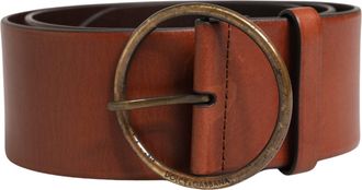 Dolce & Gabbana Men Brown Leather Wide Waist Metal Round Buckle Belt