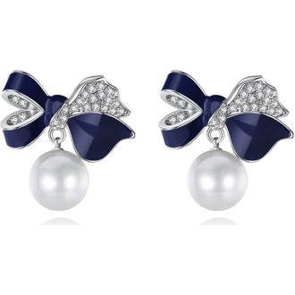 Classicharms Blue Enamel Butterfly Imitation Pearl Dangle Earrings in Silver at Nordstrom