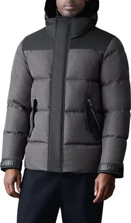 Mackage Riley Down Jacket with Genuine Shearling Hooded Bib in Carbon Multi-Black at Nordstrom, Size 46