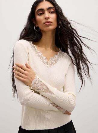 Icone Womens Lace accents rib-knit sweater