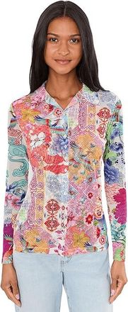 Johnny Was Mesh Button Front Shirt- Mcdreamer Womens Clothing Mcdreamer Print : 2XL, Polyester/Spandex