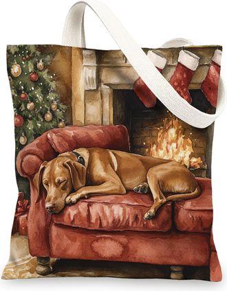 Generic Christmas Vizsla Dog Canvas Tote Bag for Shopping 13x15, Xmas Fireplace Puppy Pet Reusable Grocery Print Pattern Bag for Women, Happy New Year Beach A