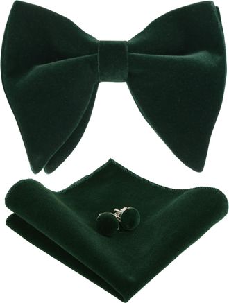 Alizeal Mens Pre-Tied Velvet Oversized Bow Tie, Hanky and Cufflinks Set Classic Formal Solid Color Bowtie Set, Dark Green