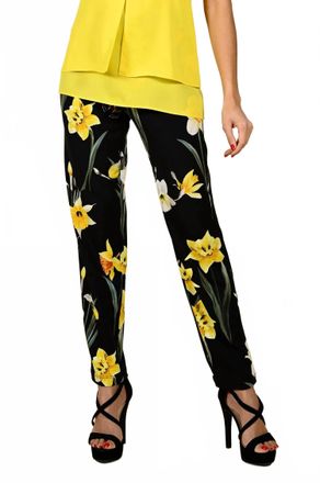 Frank Lyman Design Floral Slim Pants In Black And Yellow