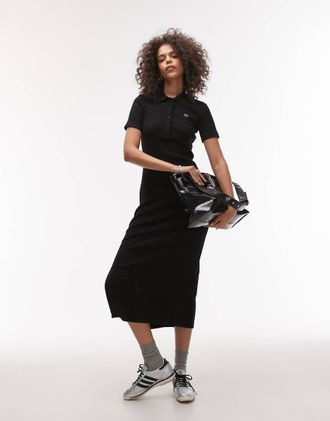 Lacoste ribbed polo maxi dress in black
