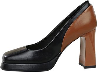 Generic Leather Court Shoes Womens High Heels Shallow Mouth Thick Heels Color Matching Platform Contrast Color Single Shoes Women Size 5 (Black, 3.5)