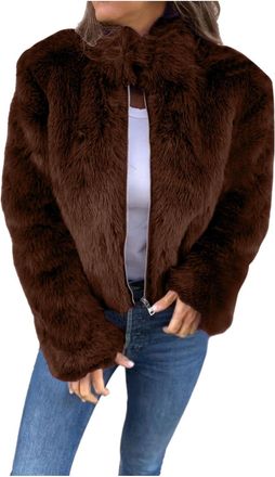 Generic Winter Jackets for Women Plush Ladies Winter Coats Solid Color Stand Collar Zip Up Outerwear Warm Coat (UK, Alpha, L, Regular, Regular, Brown)