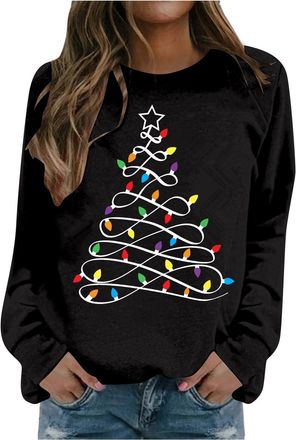 Generic 2025 Christmas Tree Jumper Women Long Sleeve Pullover Xmas Tree Print Sweatshirt Fleece Lined Sweaters Tops Crewneck T-Shirt Winter Autumn Casual Jump