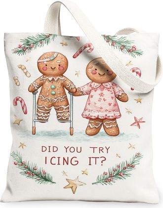 Generic Gingerbread Holiday Canvas Tote Bag, Cute Christmas Design Reusable Shopping Bags, Lightweight Washable Shoulder Strap Canv, White, 13x15 Inch