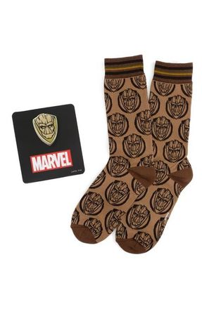 Cufflinks Inc. x Marvel Groot Cotton Blend Dress Socks & Lapel Pin Set in Brown at Nordstrom