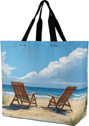 Generic Two Wooden Beach Chairs Reusable Shopping Bags Large Capacity Grocery Bag Heavy Duty Tote for Women 40x40x16cm