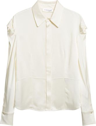 Victoria Beckham Twisted Shoulder Satin Button-Up Shirt in Ivory at Nordstrom, Size 10 Us