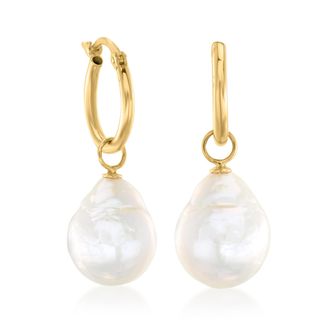 Ross-Simons 12x10mm Cultured Baroque Pearl Hoop Drop Earrings in 14kt Yellow Gold