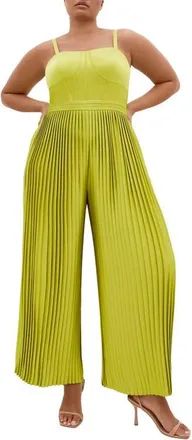 City Chic Pleated Satin Jumpsuit in Chartreuse at Nordstrom, Size 3Xl