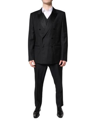 Dolce & Gabbana Mens Black Double Breasted Formal 3 Piece Suit Virgin Wool Silk Polyester