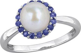 Rina Limor Silver 0.32 Ct. Tw. Sapphire & 7.0-7.5Mm Pearl Halo Ring