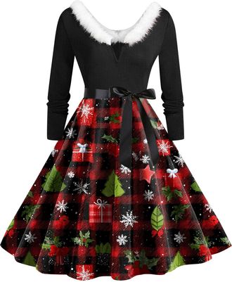 Generic Christmas Dress Womens V Neck Long Sleeve Winter Dress Elegant Perfect Party Printed Xmas Costume Swing Dresses Womens Christmas Sweatshirt Outfits Sw