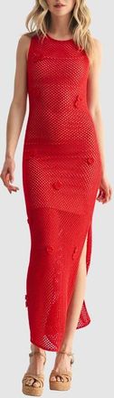 All in Favor Open Stitch Flower Appliqué Column Dress in Red at Nordstrom, Size X-Large