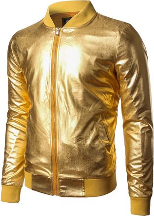 JOGAL Mens Metallic Nightclub Styles Zip Up Varsity Baseball Bomber Jacket Costume XX-Large A300 Gold