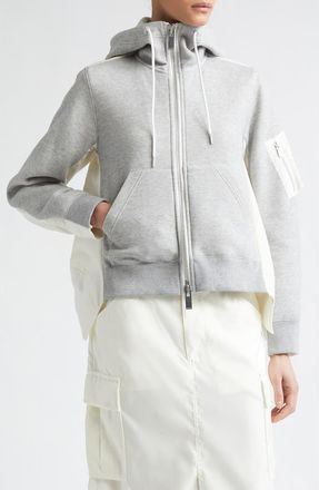 sacai Sponge Sweat x Nylon Twill Full Zip Hoodie in Light Gray/Off White at Nordstrom, Size 2