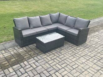 Fimous Wicker PE Outdoor Garden Furniture Set High Back Rattan Corner Sofa Set with Rectangular Coffee Table in Dark Grey