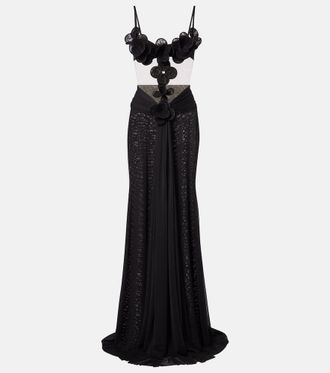 DAVID KOMA Floral-appliqu&eacute; mesh gown