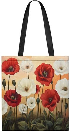 Generic Red Floral Poppy Flower Painting Tote Bag for Women Men Shoulder Bags Purses Pouch Handbags