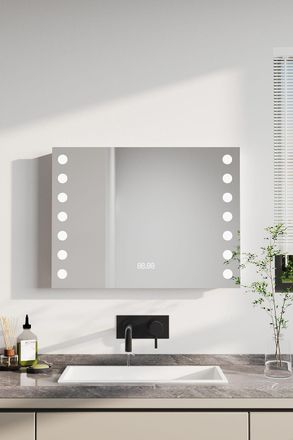H&O Direct Wall Mounted Fog-Free LED Horizontal Bathroom Mirror with Clock in Silver