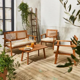 Sweeek Salotto Da Giardino In Legno E Canna Rotonda, 4 Posti