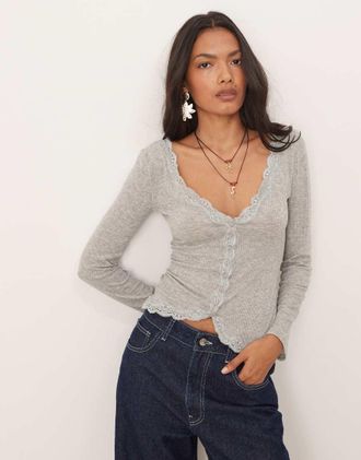 Free People Big Love - Cardigan grigio mélange con finiture in pizzo