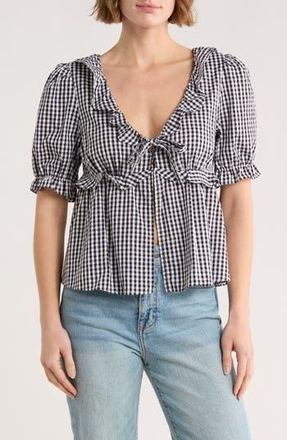 Abound Short Sleeve Ruffle Top in Black- White Demi Gingham at Nordstrom Rack, Size X-Small
