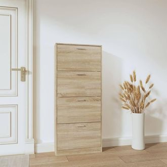 Berkfield Home Shoe Cabinet Oak 59x17x150 cm Engineered Wood in Light Tan | Size: 59 x 17 x 150 cm