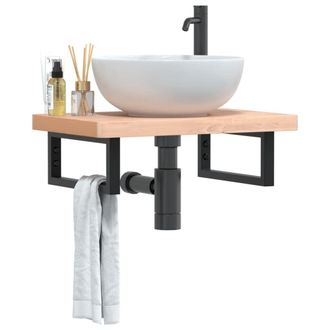 Berkfield Home Basin Shelf Wall Mounted Steel & Solid Wood Beech in Brown