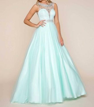 Mac Duggal Scoop Neck Beaded Ball Gown In Mint
