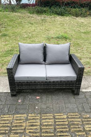 Fimous High Back Rattan 2 Seater Love Sofa Double Seat Thick Seat & Back Cushion in Dark Grey