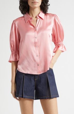 Cinq &agrave; Sept Fiona Ruffle Cuff Silk Button-Up Shirt in Seashell Pink at Nordstrom, Size X-Small