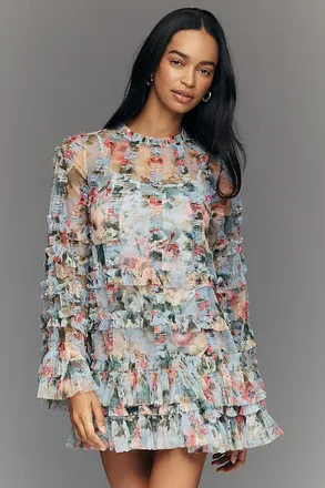 Mac Duggal Ruffle Bell-Sleeve Mesh Mini Dress