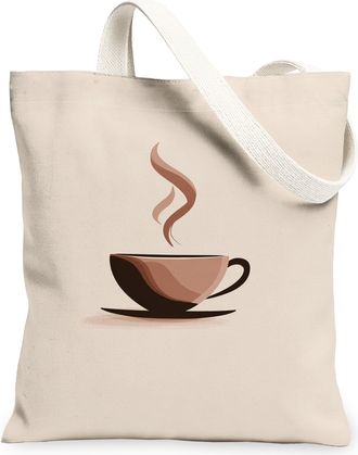 Generic Coffee Cup Canvas Tote Bags, Stylish Drink Illustration Reusable Grocery Bags, Everyday Vintage Lightweight Washable Should, Beige, 13x15 Inch