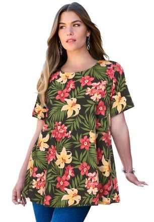 Roaman's Plus Size Ultimate Cotton Crewneck Short Sleeve Swing Tee in Black Tropical Floral at Nordstrom, Size Medium