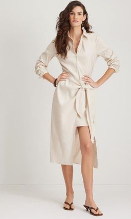 Nordstrom Long Sleeve Stretch Linen Blend Faux Wrap Shirtdress in Beige Oatmeal at Nordstrom, Size Xx-Small