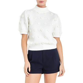 English Factory Flower Pompom Short Sleeve Sweater in White at Nordstrom, Size X-Small