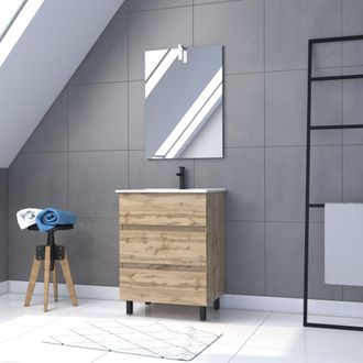Aurlane Aurlane - Mueble De Ba&ntilde;o 60cm Acabado Roble - Cajones - Lavabo Blanco + Espejo Led - Timber 60 - Pack41