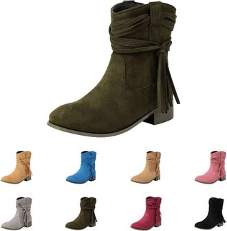 Generic Wide Fit Suede Ankle Boots Women Size 8.5 Round Toe Low Heel Booties Slip On Mid Calf Shoes Comfortable Walking Shoes Winter Warm Casual Lightweight A
