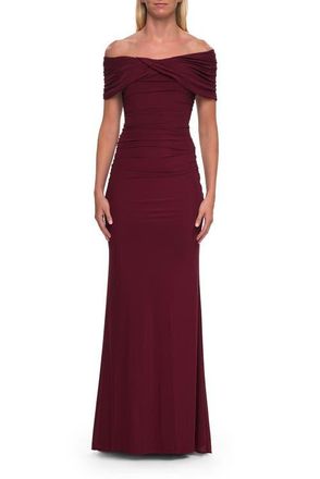 La Femme Off-the-Shoulder Draped Jersey Gown in Wine at Nordstrom, Size 12
