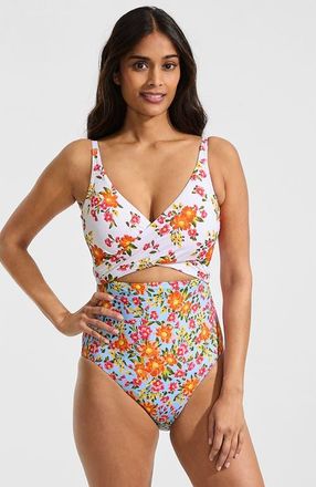 Lands End Wrap Monokini High Leg One Piece Swimsuit in White/blue Spring Floral at Nordstrom, Size 12