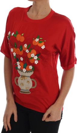 Dolce & Gabbana Womens Red Silk Orange Vase Crystal Top Cotton