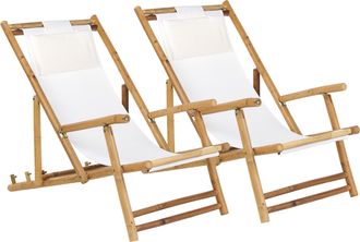 Beliani Beliani - Conjunto De 2 Tumbonas De Bamb&uacute; Natural Tela Color Blanquecino Sillas Cubierta Plegables Muebles De Balc&oacute;n Atrani