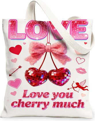 Generic Love Heart Canvas Tote Bags, Cherries Bow Pattern Reusable Grocery Bags, ValentineS Day Cute Lightweight Washable Canvas F, White, 13x15 Inch