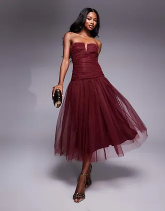 Lace & Beads dropped hem tulle midaxi dress in burgundy-Red